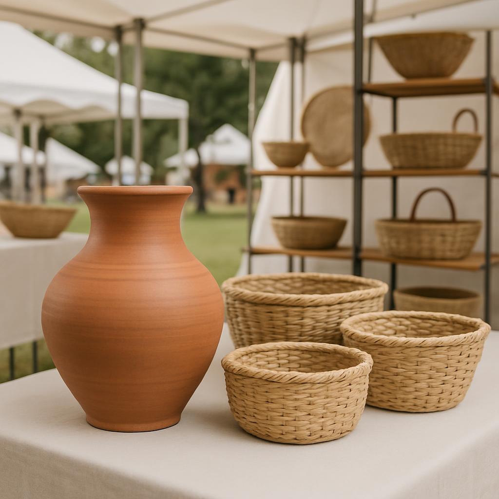 Image description: large vase with multiple woven baskets on a table with more tables, locally-made baskets, and a white p...